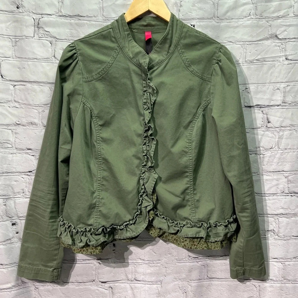 Pure Energy Olive Green Ruffled Crop Jacket with Peekaboo Floral Fabric - size 2 - Picture 6 of 15